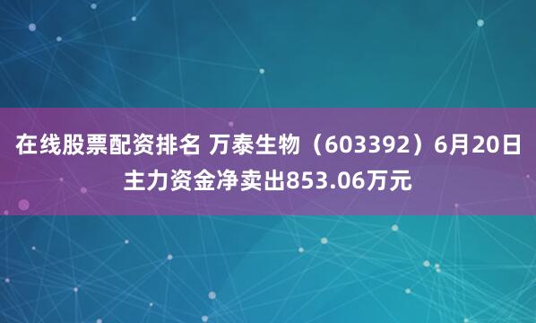 在线股票配资排名 万泰生物（603392）6月20日主力资金净卖出853.06万元